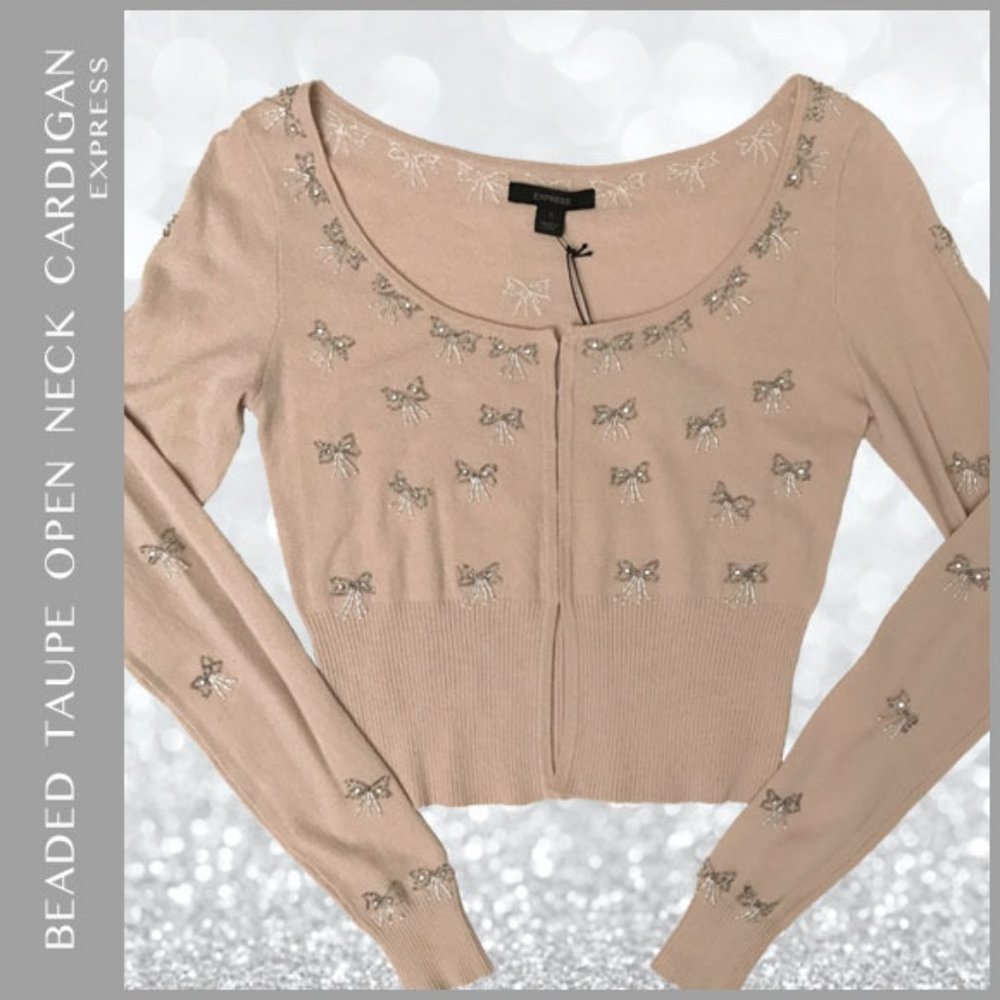 Beaded Taupe Open Neck Cardigan Size S